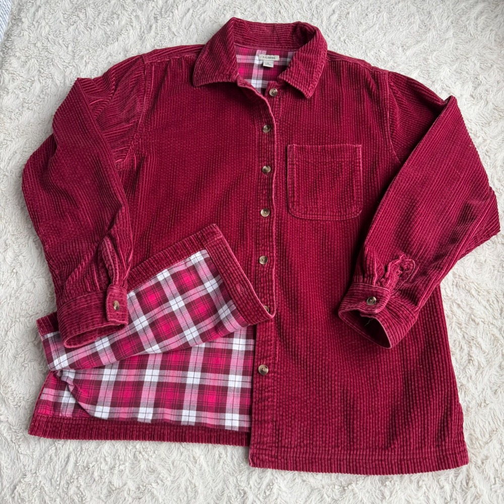 LL Bean Women Berry Pink Flannel Lined Corduroy Shirt Jacket Shacket Wide Wale S - Picture 9 of 12